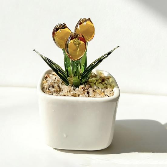 Faux Crystal Flower Figurine Mini Hand Blown Glass Potted Flower Ornament for Home Office Table Decor Gifts for Wedding Birthday Mother's