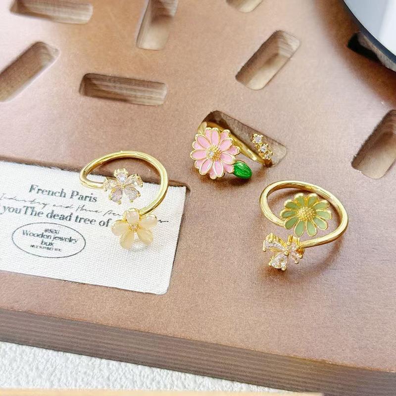 Medieval Vintage Enamel Zircon Flower Opening Ring Niche Design Light Luxury High Sense Ring Woman