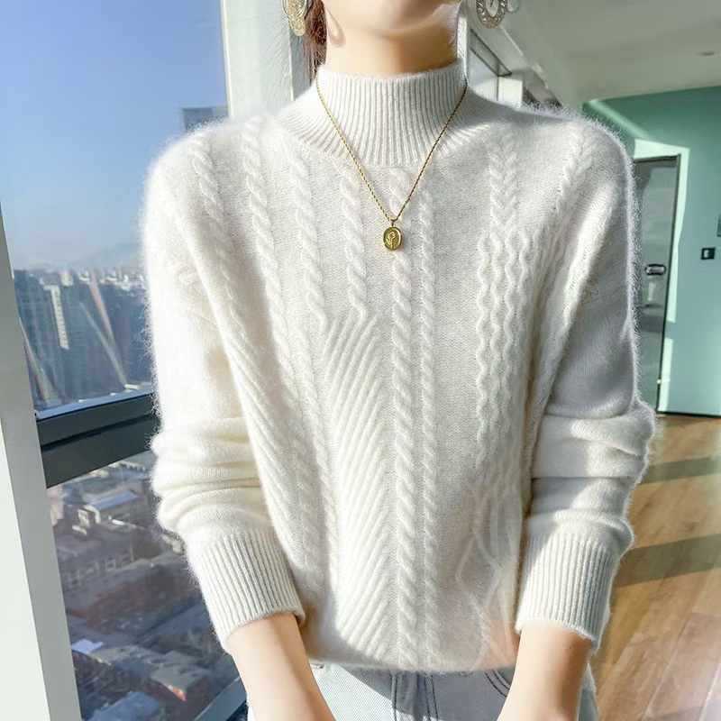 Half High Neck Sweater for Women Slim with Thick Knit Sweater for Warmth Long Sleeved Twisted Flower Pullover for Autumn and Winter