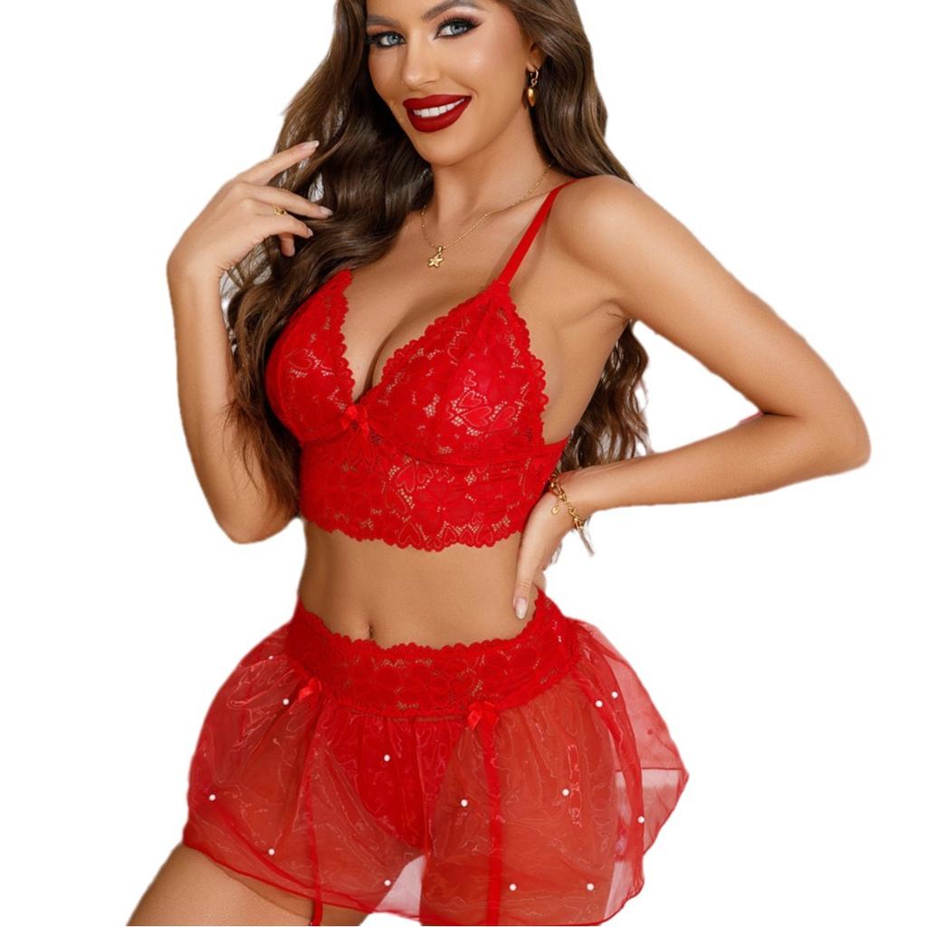 Popular Christmas Sex Suspender Dress Mesh Sexy Temptation Three-piece Set