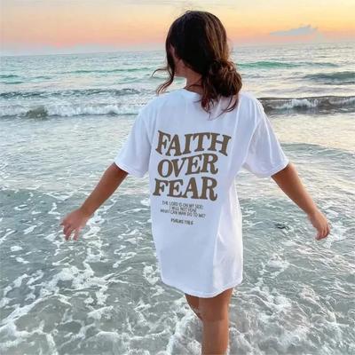 Dámská trička s potiskem 'Faith Over Fear' Prodyšné bavlněné oblečení Krátký rukáv Bavlněná trička s grafikou Ležérní oversized košile