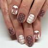 24 Glossy Short Square Fake Nail Coffee Brown Bowknot Checkered Pattern White Polkas Dots ABS Material For Fall Winter Manicure