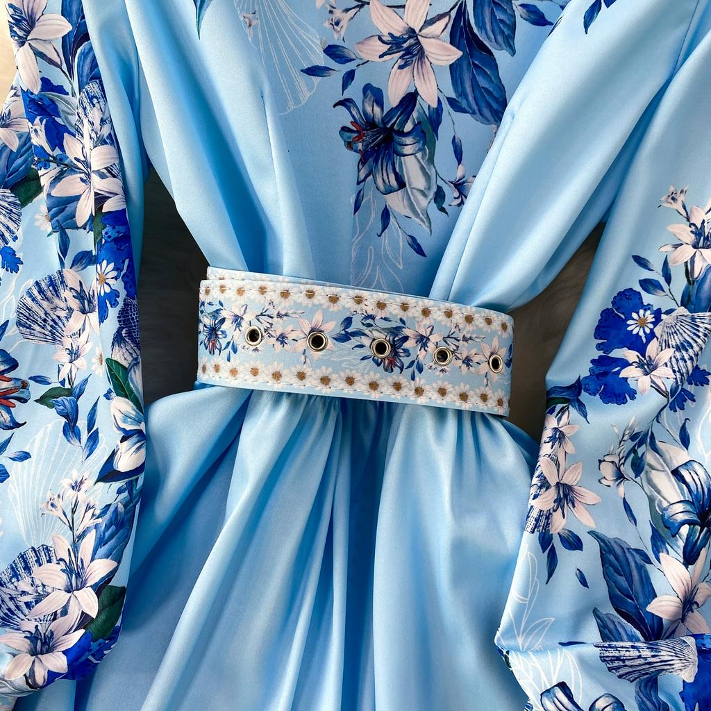 Spring Autumn Women Vintage Print Runway Dresses Stand Full Sleeve Single Breasted Long Maxi Holiday Party Dress With Belt