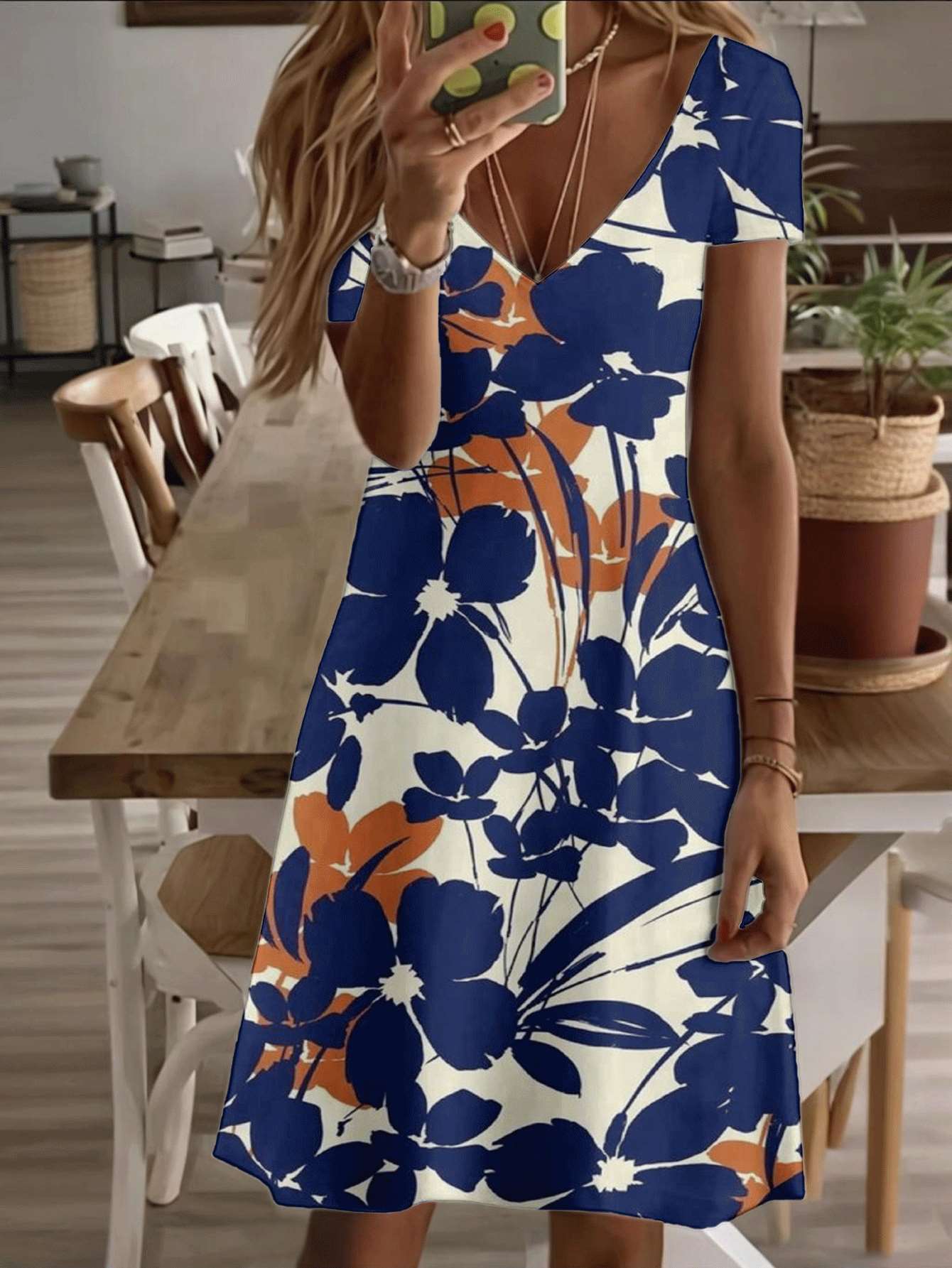 

Vneck shortsleeve midi dress navy orange floral print 3D premium printing durable casual and fashionable summer beach women’s dress elegant flowy st 4XL дубильная кора
