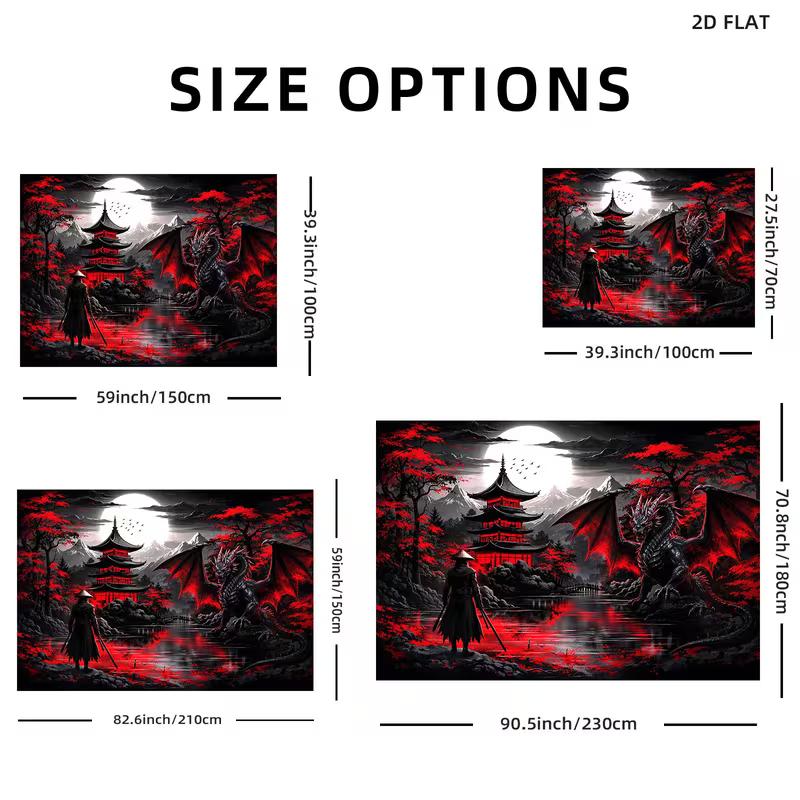Appeso a Parete Estetico 2D Rosso Nero Samurai e Drago Scena Notturna
