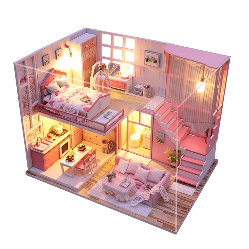 New Creative Villa Model Hut, Wooden Diy Hut Hand-Assembled Toy Gift Light Pink Time Loft