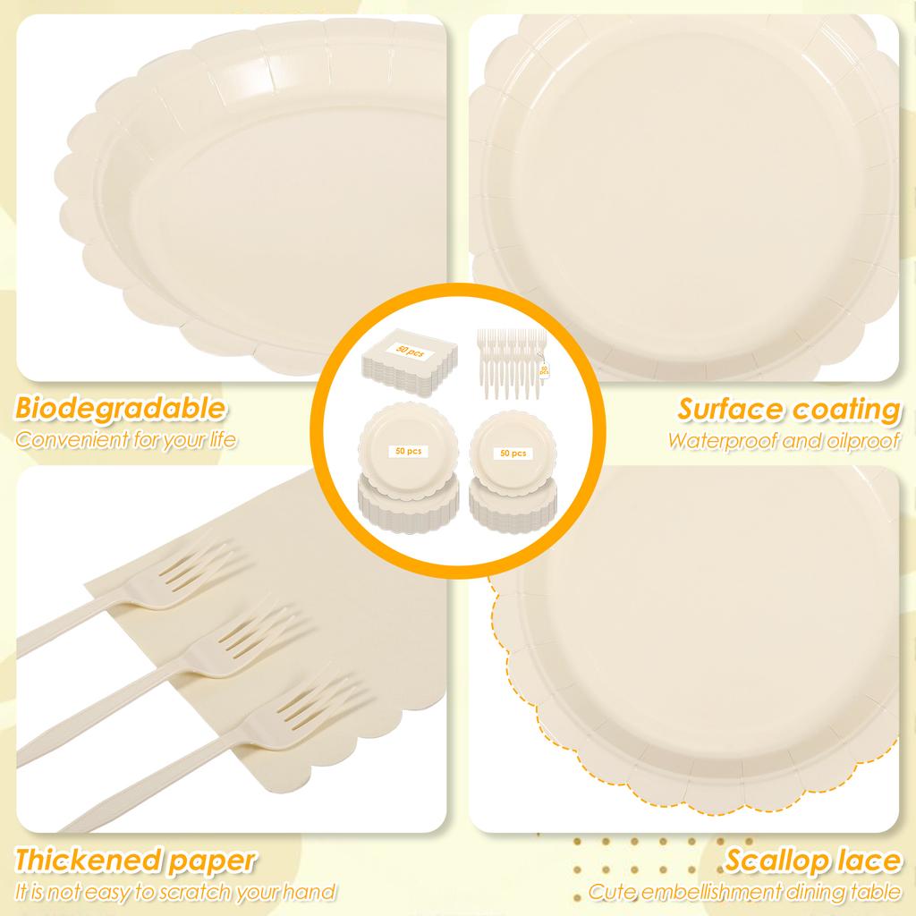 200Pcs Scalloped Edge Tableware Set Party Supplies Thickened Paper Dinnerware with Napkin Plate and Fork for Weddings Tea Party