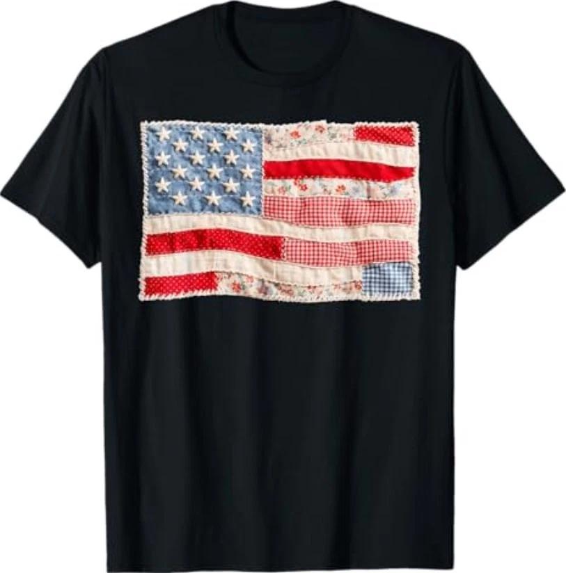 Vintage Printed Patchwork US Flag Patriotic 4th of July T-Shirt 3XL