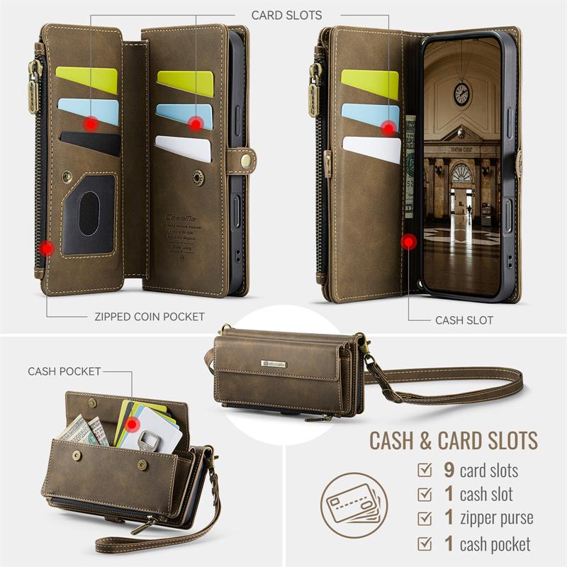 CaseMe Flip Leather Phone Case for iPhone 17 Pro Max Air 16 Plus 16E 15 14 13 Mini 12 11 X XS XR SE 2022 8 Long Lanyard Zipper Wallet Multi Card Cover