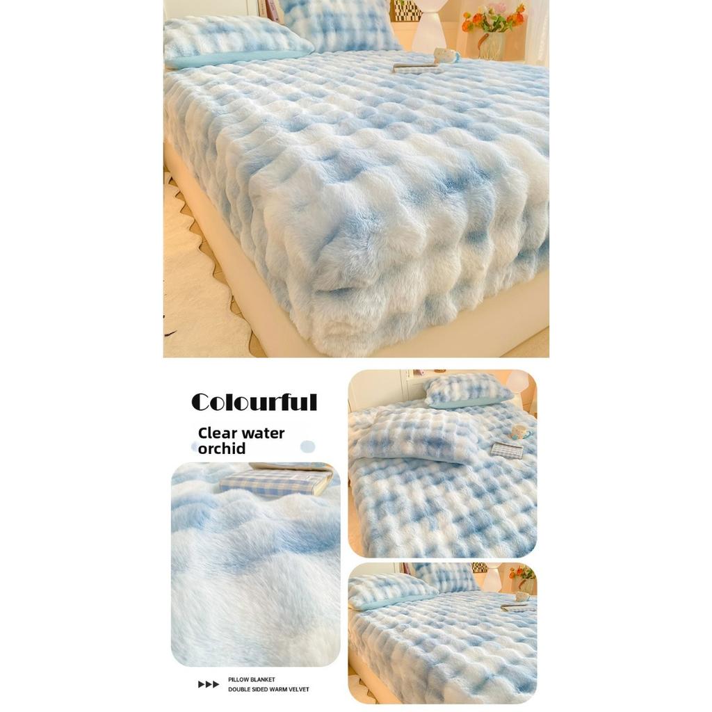 Solid Color Rabbit Like Plush Bed Sheet, 30cm Deep Pocket Design,Fully Wrapped Anti Slip Mattress Protective Cover,Thick and Warm In Autumn and Winter