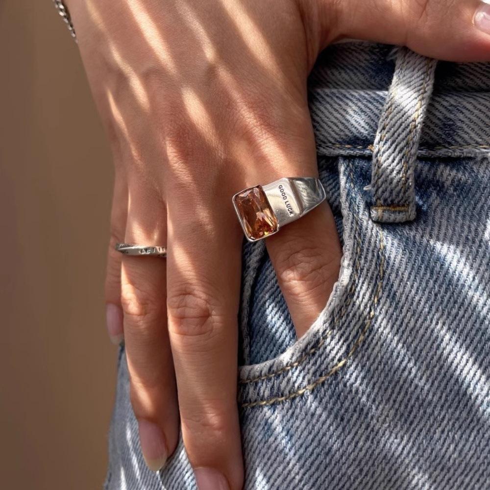 Fashion Letter Good Luck Letter Square Crystal Stainless Steel Opening Couple Rings for Women Men Luxury Charm Finger Jewelry