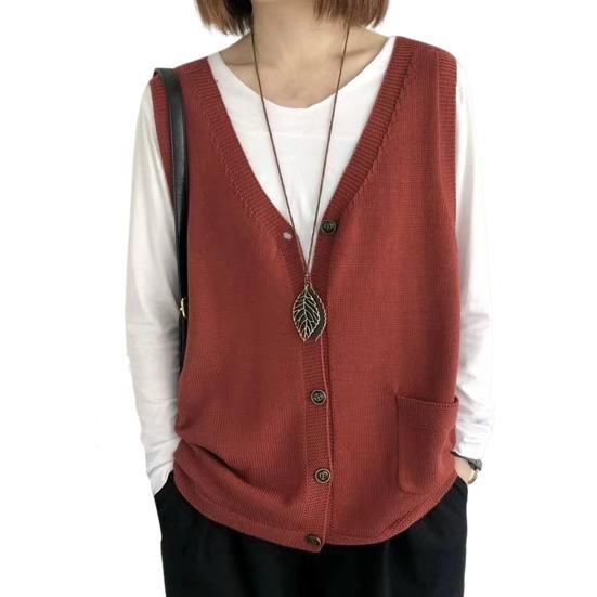 Vintage Arts Style Knitted Vest Female Solid Color Sleeveless Button V-Neck Waistcoat Women Casual Loose Knitwear Coats