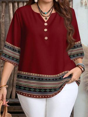 Plus Size Women's Casual V-Neck Buttoned Loose 3/5 Sleeve All-Over Print Shirt for Spring/Summer