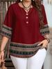 Plus Size Women's Casual V-Neck Buttoned Loose 3/5 Sleeve All-Over Print Shirt for Spring/Summer