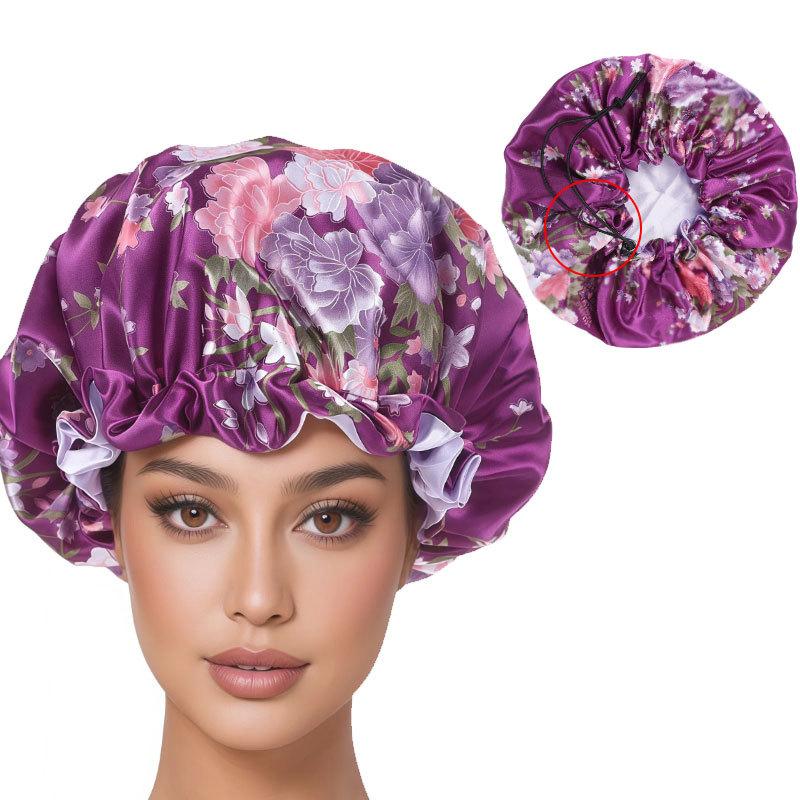 Floral Print Double Sided Satin Shower Cap Adjustable Silky Hair Bonnet for Women Bath Spa Swimming Hair Care