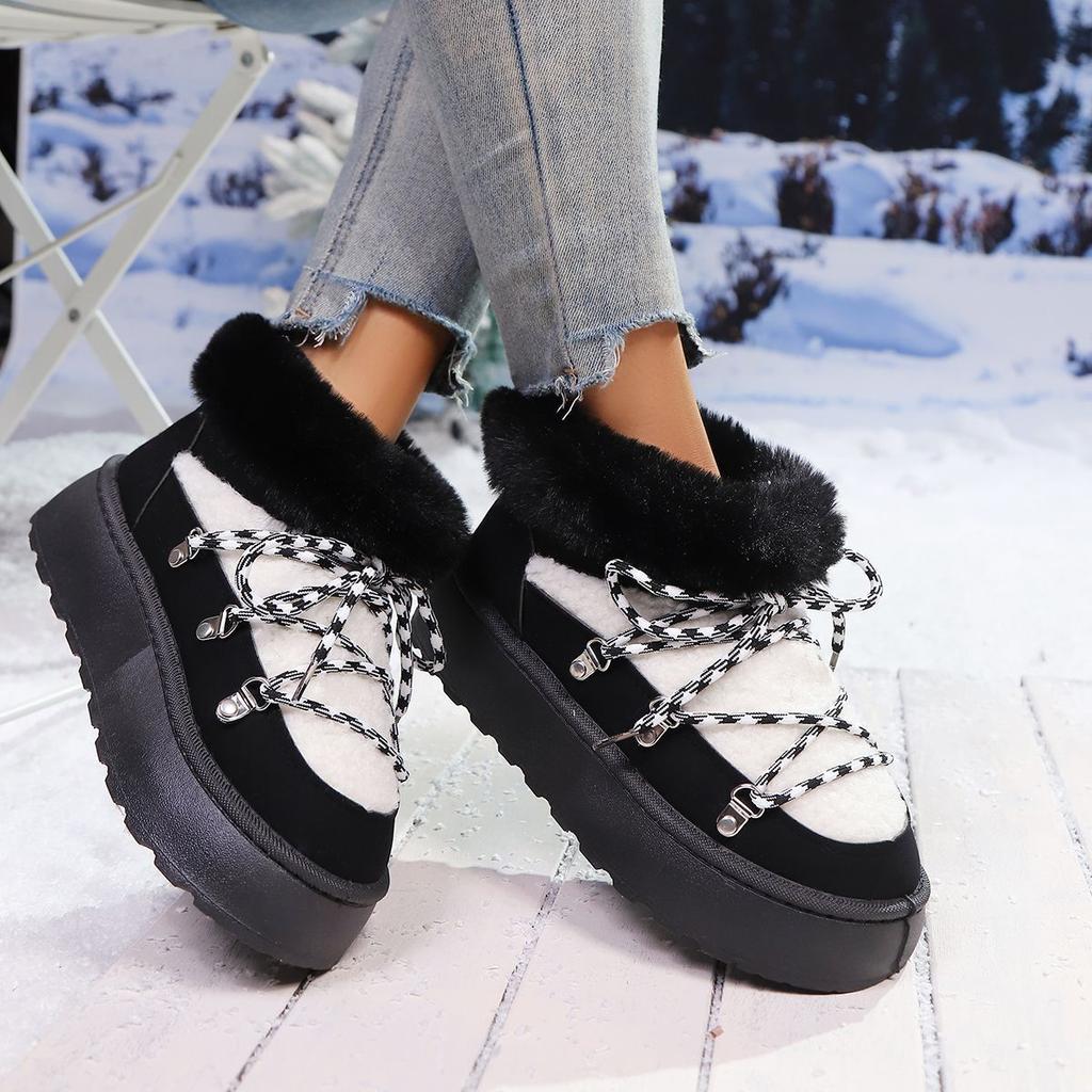 Large size thick-soled snow boots women's new winter string beaded flip short flat boots