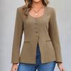 Ladies' Fashionable Button Low Round Neck Slit Hem Casual Solid Color Suit