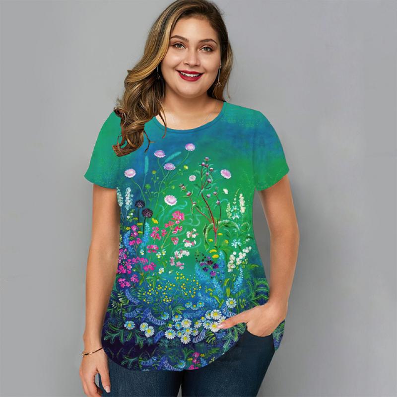 Sommer Damen T-Shirts Kurzarm Tops Floral Graphic Shirt Tees Casual Lose Bekleidung Für Frauen Oansatz Übergroße Kleidung 5xl