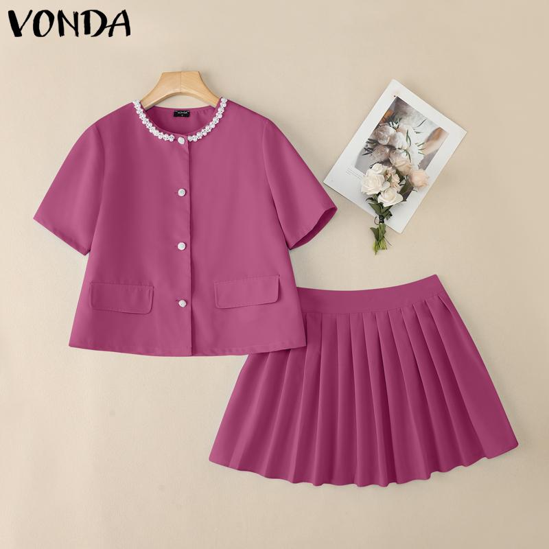 

VONDA Elegant Sets Women Short Sleeve Beading Tops and Mini Pleated Skirts Suits Outfits 5XL