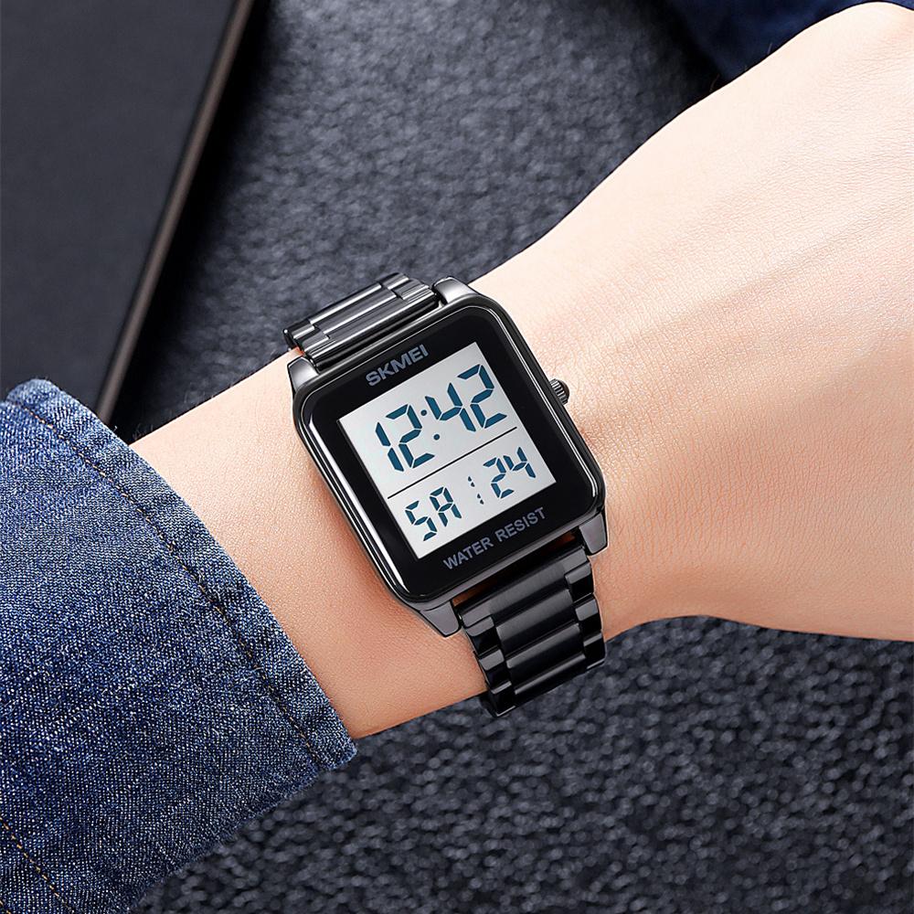 SKMEI 2154 Stainless Strap 3Bar Waterproof Digital Fashion Square Sport Men's Watches Top Brand LED Electronic Luxury Wristwatch