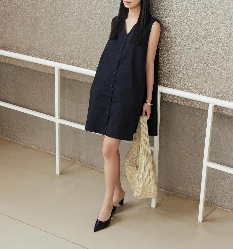 Cotton A-line Black Tie-Up Dress - Sleeveless, Standard Fit, New Summer Arrival