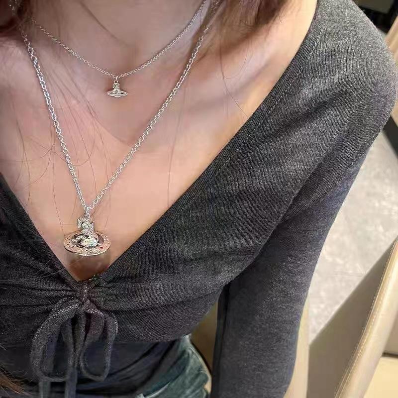 Vivienne Westwood Limited Star Moon Myth Orb Necklace, Colorful Crystal UFO 3D Saturn Pendant Sweater Chain for Women