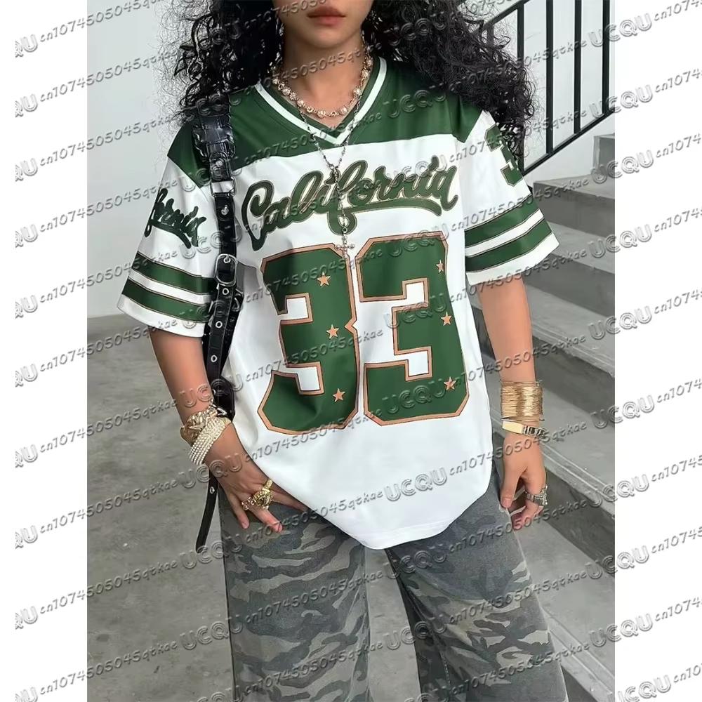 Sommer Damen Lässig Persönlichkeit Nummer & Buchstaben Druck Fußball T-Shirt Mode V-Ausschnitt Locker Komfort Atmungsaktiv Oberteile Tee Y2K