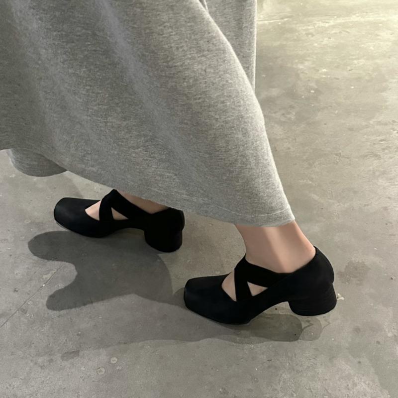 Sheepskin version~ Leather ballet shoes women's retro thick heel single shoes square head Mary Jane high heels