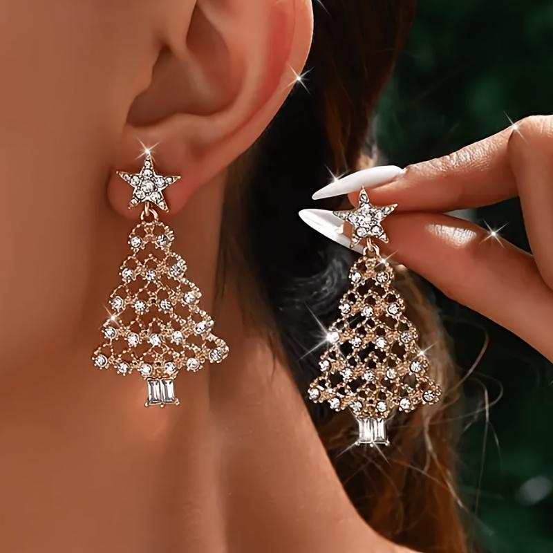 1 Pair Christmas Tree Earrings for Women, Golden-Tone Party Jewelry with Sparkling Synthetic Stones, Unique Tree Design for Holiday Celebrations