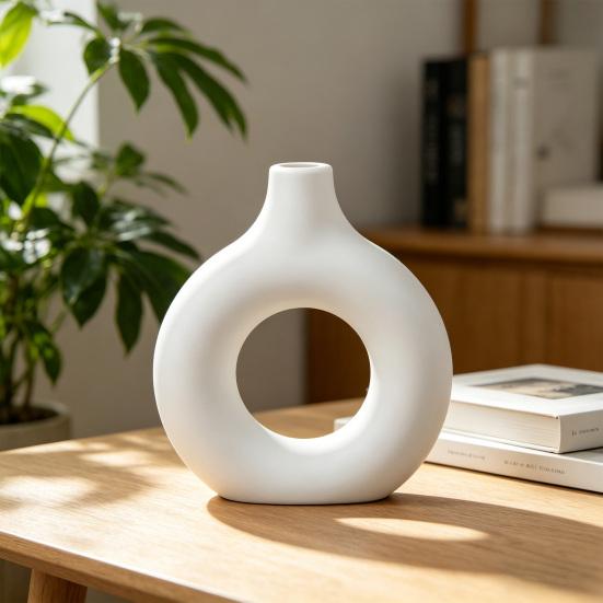 Donut Shaped Vase Decorative Vase Ceramic-Like Plastic Flower Holder for Living Room Decor, Creative Centerpiece for Fresh/Dry Flowers