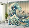 Japanese Wave Shower Curtain, Surfers On Classic Asian Artwork Style With Recreation, Cloth Fabric Bathroom Decor Set With Hooks
