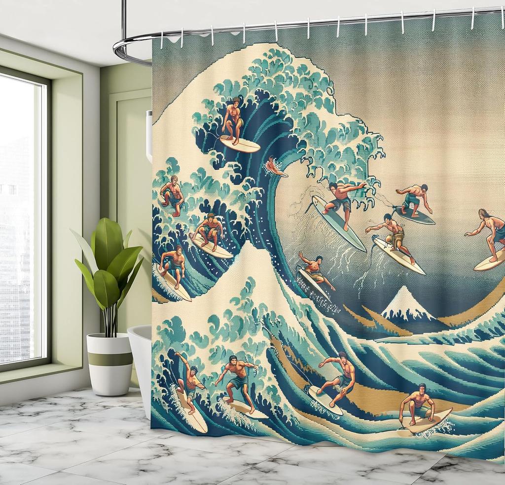 Japanese Wave Shower Curtain, Surfers On Classic Asian Artwork Style With Recreation, Cloth Fabric Bathroom Decor Set With Hooks