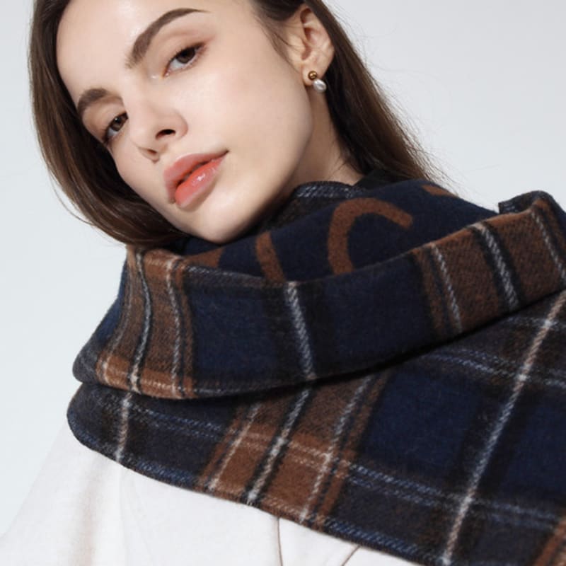 ONSZ Wool Cashmere Check and Logo Color Block Reversible Muffler