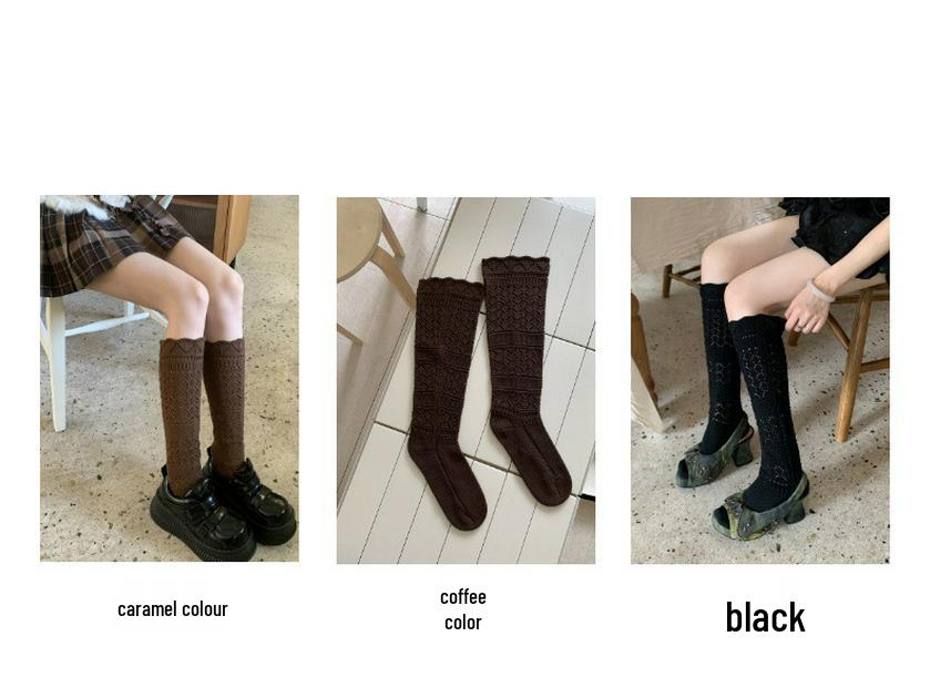 Wei Xue Autumn/Winter Hollowed Wool Slouch Calf Socks: Runway Style Knitted Lace, Warm & Slimming.