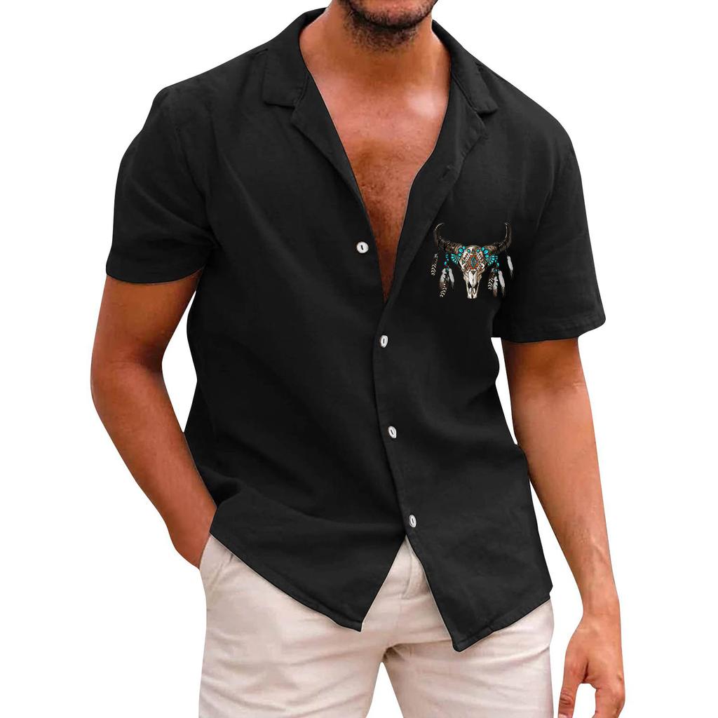 Bohemian Men's Casual Printed Short Sleeved Single Breasted Lapel Shirt