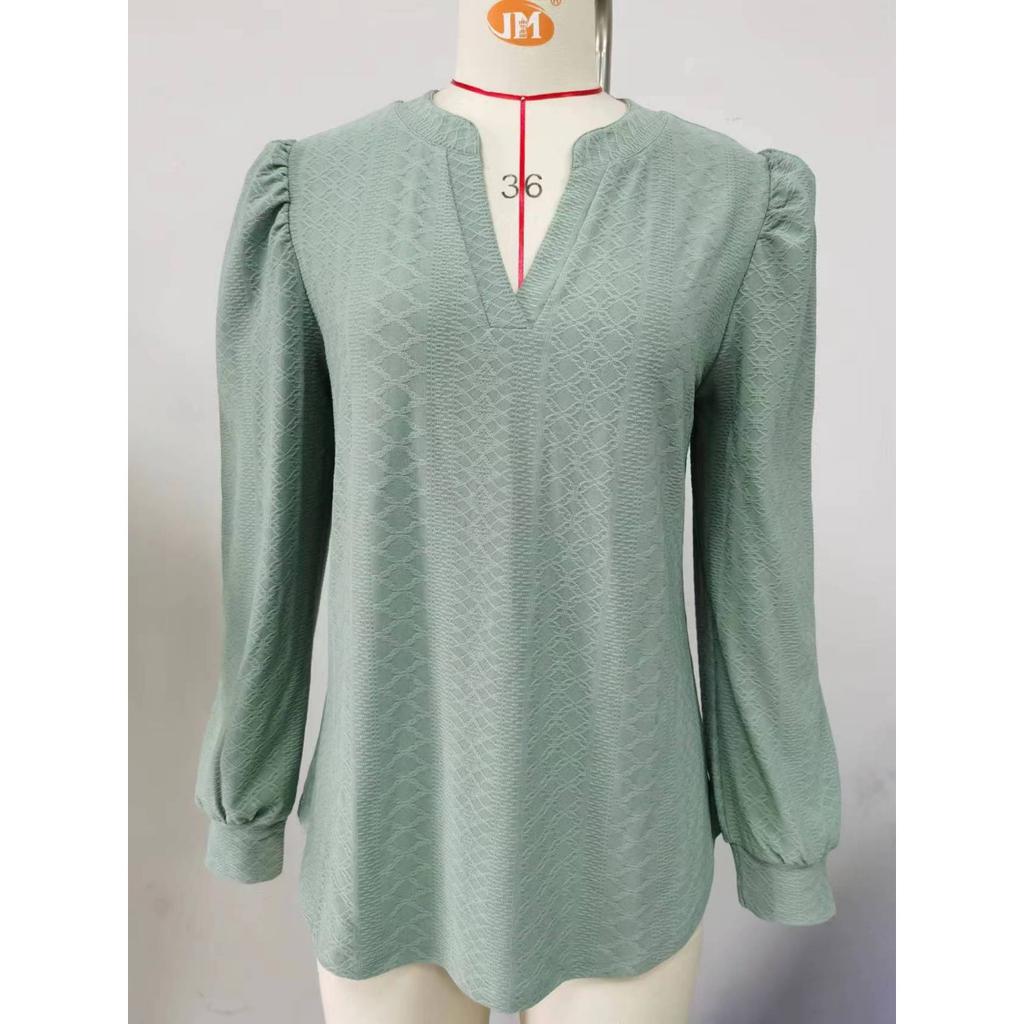 Women's Solid Color V-neck Jacquard Long Sleeve Loose T-shirt Top, Autumn Winter Casual Wear for Europe America Cross-border