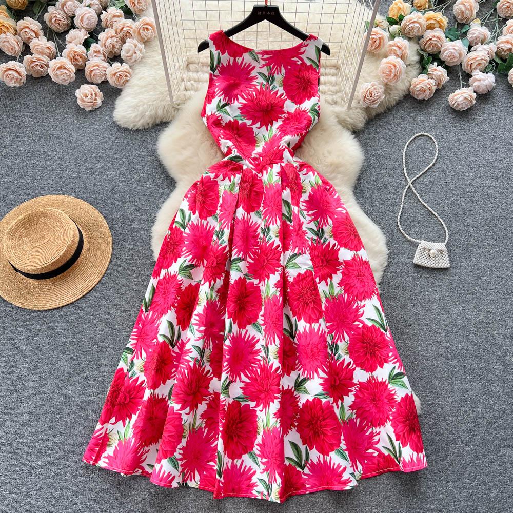 

Сарафан с цветочным принтом для женщин с круглым вырезом без рукавов на молнии с рюшами для летних каникул, пляжной вечеринки, длинные платья макси XXL красный