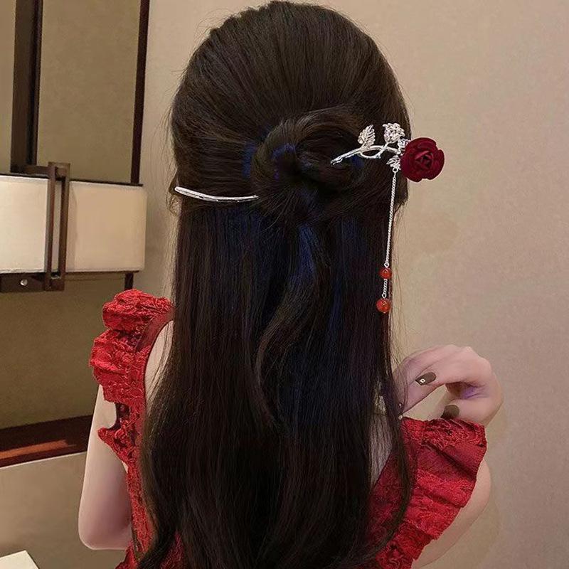 Vintage Rose Haar Sticks Hairwear Für Frauen Einfache Blume Rote Haarnadel Haar Zubehör Essstäbchen Scheibe Hairstick Kopfschmuck Schmuck