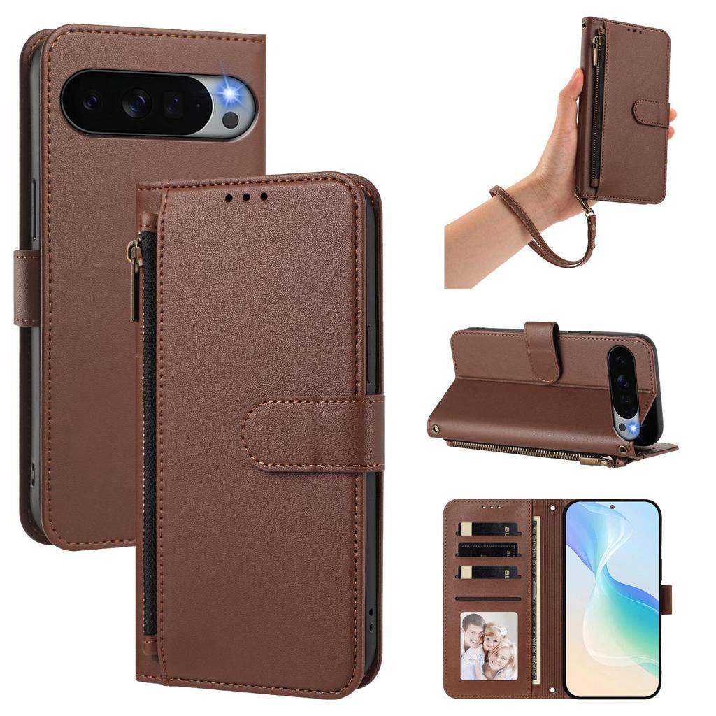 Solid Color Leather Zipper Wallet Case for Pixel 11 Pro XL with Card Slot, Google 10A Protective Cover.