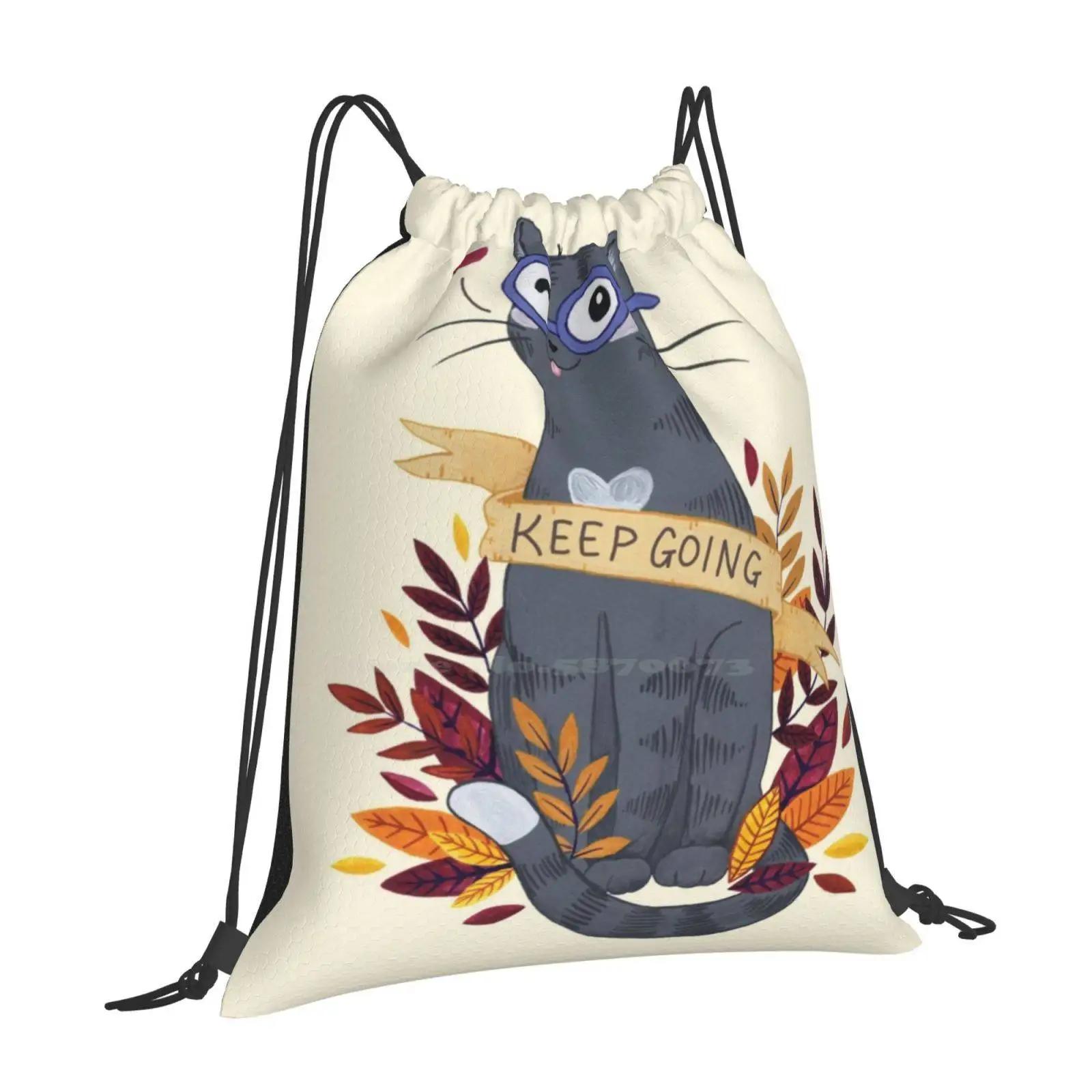 Keep Going Hot Sale Schoolbag Backpack Fashion Bags Cat Kitty Keep Going Quotes Inspirational Motivational Leaves Autumn Fall OneSize