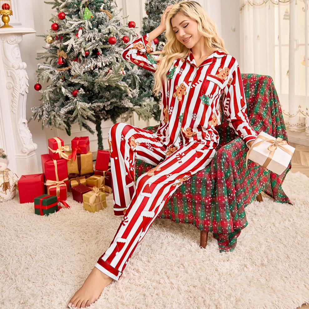 

осень Женщины Рождество Новый год Пижама Домашний комплект принт снежинка красный Топы и брюки Свободный 2 предмета Домашняя одежда Комплекты для сна L