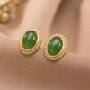 2026 Guochao Ethnic Style Green Chalcedony Stud Earrings Women's Silver-plated Natural Hetian Jasper Earrings Earrings