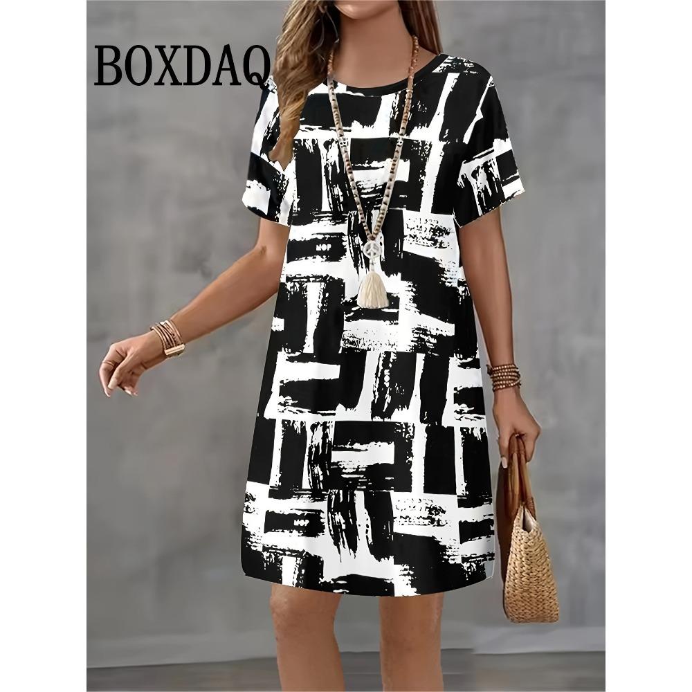 Geometric Pattern 3D Print Dress For Women 2025 New Fashion Summer Clothing Short Sleeve Loose Casual O-Neck Short A-Line Dress