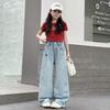 Girls' Love Embroidery Wide-Leg Jeans - Light Blue Floor-Length, Early Autumn 2026 Collection for Medium & Large Children.