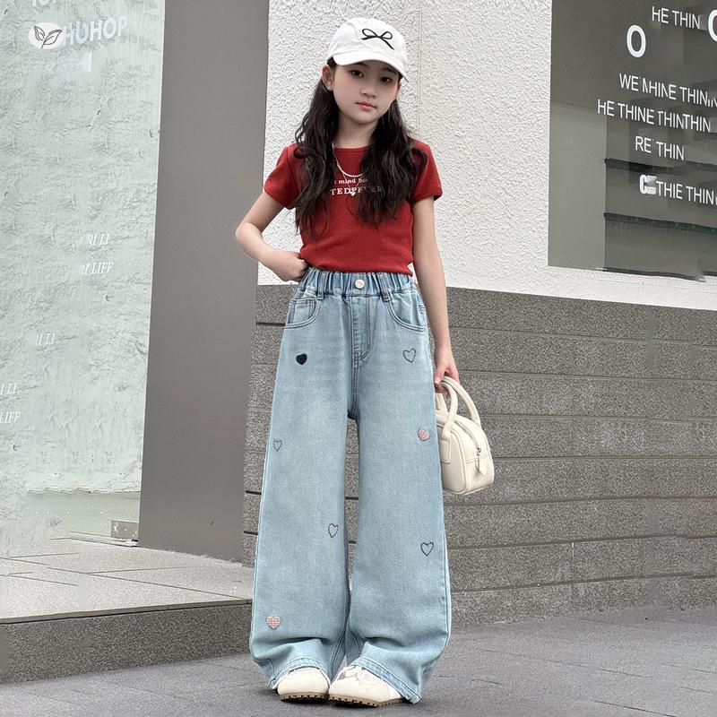 Girls' Love Embroidery Wide-Leg Jeans - Light Blue Floor-Length, Early Autumn 2026 Collection for Medium & Large Children.