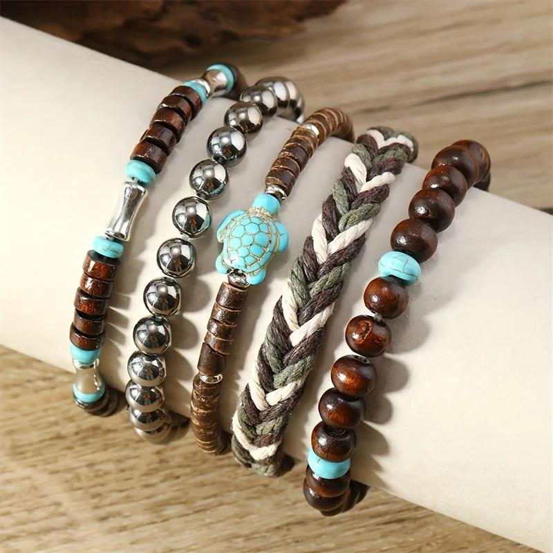 1 exquisite Bohemian style bracelet set woven with turtle wood beads - handmade, adjustable, fashionable accessory