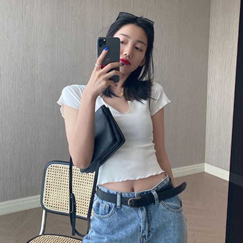 High-waisted Belly Button Curled Summer New Pure Cotton Short T-shirt Women's Short-sleeved Hot Girl Slim Shoulder Top