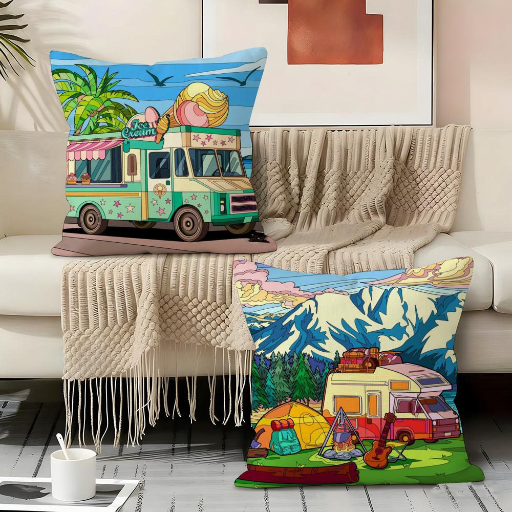 Happy Camper Cartoon House Pillow Case Pillowcase, Double-sided Printed, Sofa Cushion, Bedroom Headboard Pillow