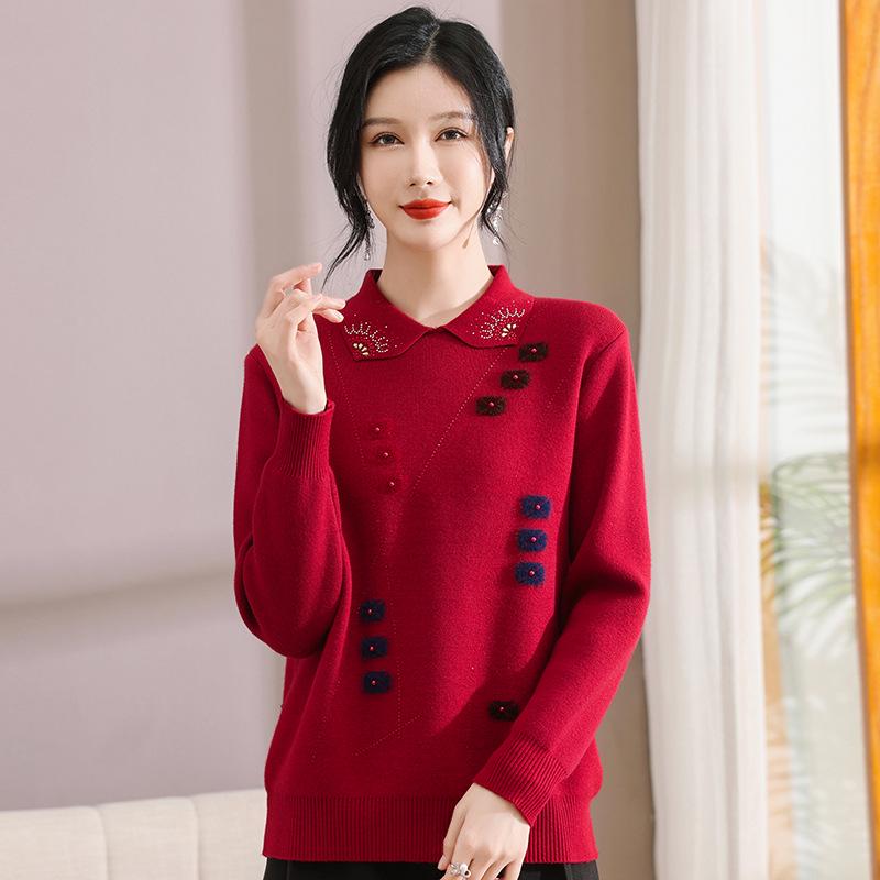 Mom's Wear 2024 Red Fleece One-Piece Base Layer Top for Middle-Aged and Elderly Women – Plus Size Thick Winter Sweater