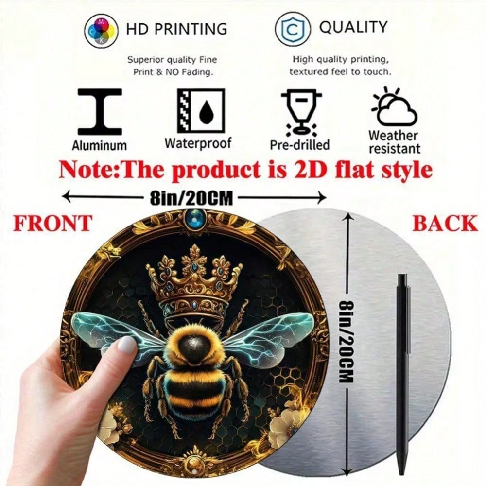 Vintage Round Aluminum Metal Sign Queen Bee Floral Wall Art Home Decor